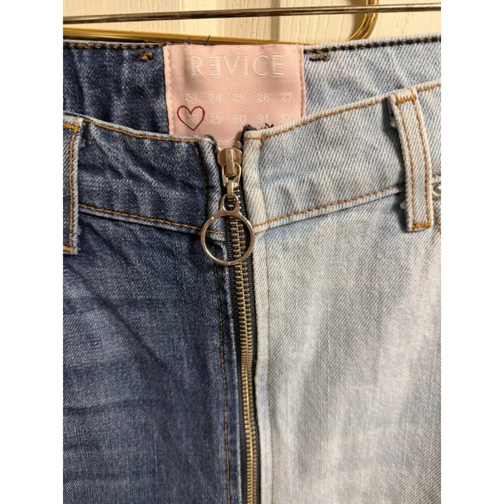 REVICE Denim Yin Yang Two Tone Split Blue Jeans High Rise Straight Leg Size 28